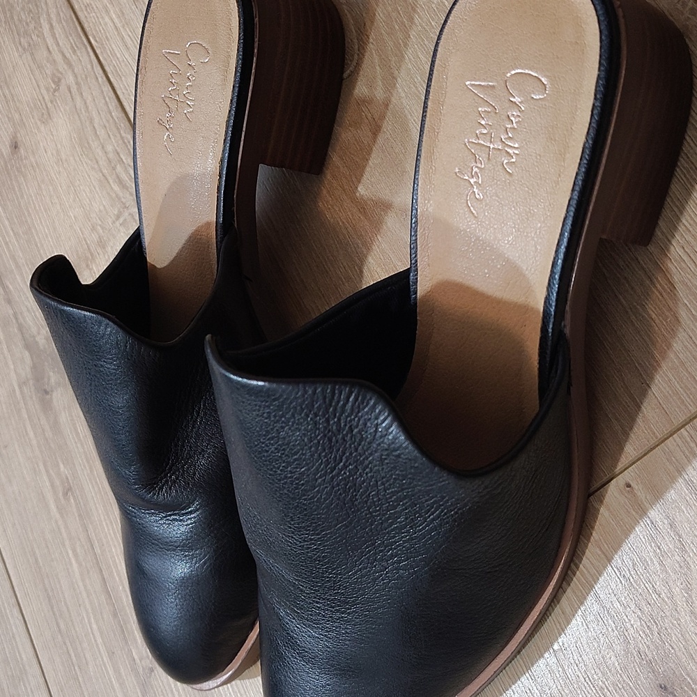 Black Leather Slip-On Mules,  Crown Vintage Rydel Black Leather Slip on Low Heel - Picture 11 of 12